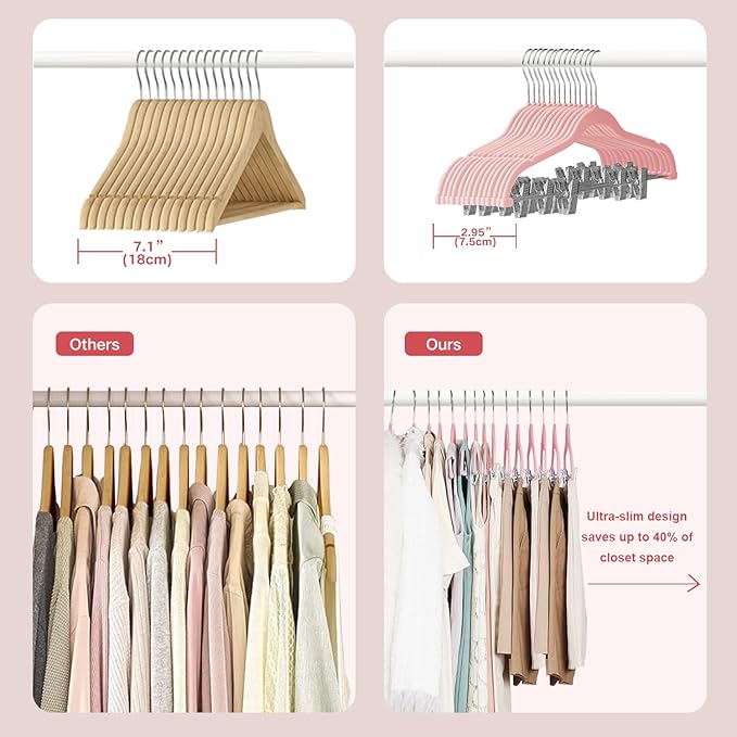 24 Packs Velvet Pant Hangers, 16.8 Inches Velvet Skirt Hangers with Clips, Heavy-Duty Clothes Hangers, Non-Slip Coat Hangers for Shirts, Pants, Skirts, Dresses, Jackets, Coat - Pink