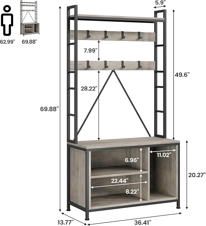 Industrial Hall Tree with Shoe Bench & Coat Rack - 8 Hooks, Storage Shelf & Hanging Bar for Entryway, Grey Wood Look Accent Furniture