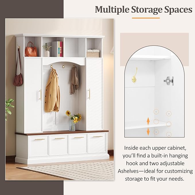 Versatile Hall Tree with Golden Hooks and 2 Doors, 5-in-1 Wood Coat Rack Entryway Shoe Cabinet with Bench& Adjustable Shelves, Functional 59'' Wide Hall Tree for Entrance Hallway (White-8.2)