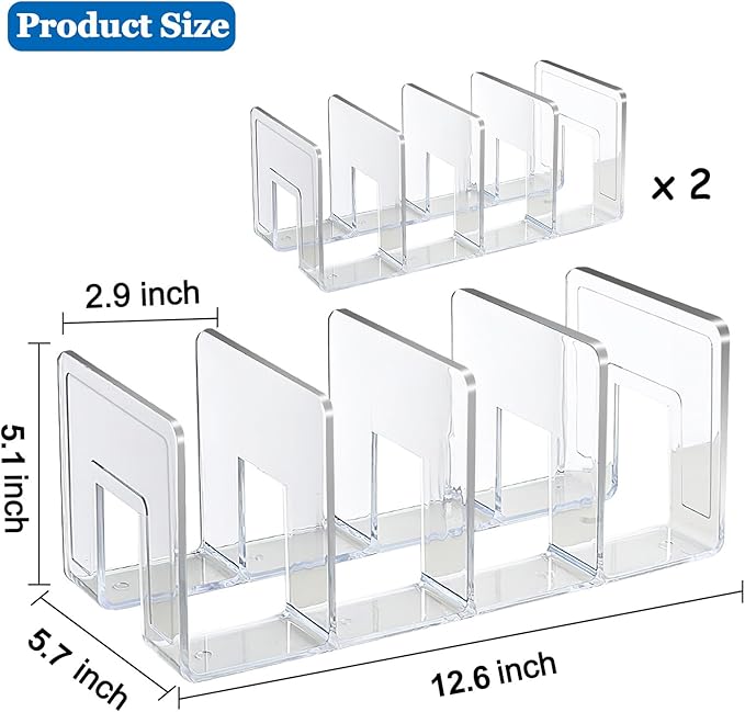 Lemical Clear Acrylic File Sorter 2 Pack Handbag Clutch Purse Organizer Acrylic Shelf Divider Drawer Organizers for Clothes Pouch Notebooks Stand Bookshelf Cooking Utensil (2Pack-4Sections)
