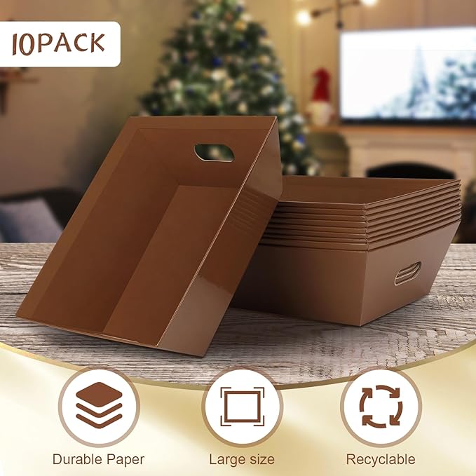 AFOROEOA 10PACK Baskets for Gifts Empty, 10x12”Thick Brown Gift Basket with Handles 10 Bows 10 Bags Empty Gift Baskets for Christmas Thanksgiving Wedding Birthday Party Wrapping Gift