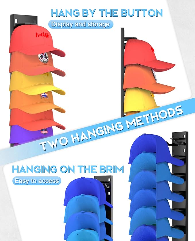 2 Pack Hat Organizer for Baseball Caps, Strong Adhesive Hat Rack for Wall, Multilayer Hat Storage Display Holder, Wall Mounted Hat Hooks Hold up to 18 Hats for Closet Door and Bedroom (Black)
