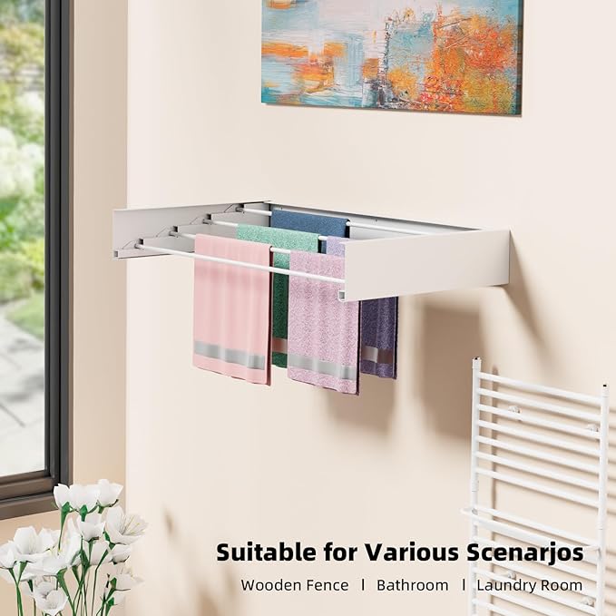 Laundry Drying Rack Collapsible, Wall Mounted Clothes, Retractable Wall Drying Rack, 23.6" Wide, 4 Aluminum Rods, Max 60 lb Capacity (White, 23.6'')