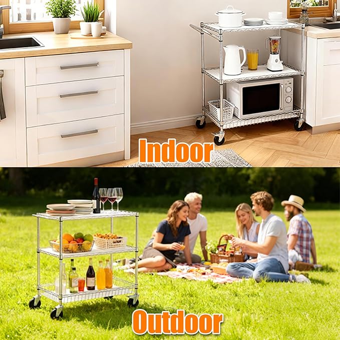 3-Tier Rolling Utility Cart 30" D x 18" W x 35" H Heavy Duty Carbon Steel Storage Cart with Adjustable Shelves PP Panels Locking Casters for Kitchen Bathroom Office