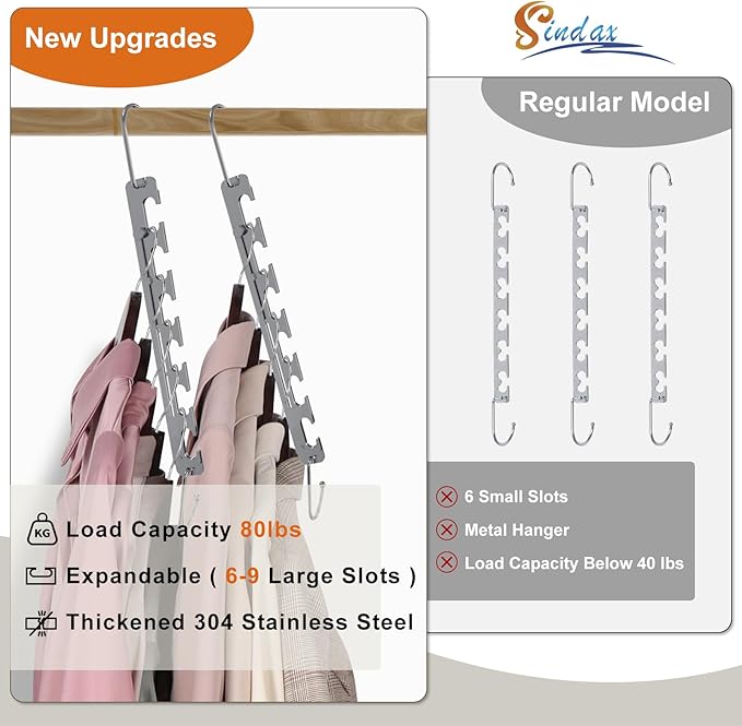Sindax Space Saving Hangers Telescopic, 6 Holes Clothes Hangers Adjustment to 9 Holes, Upgraded Sturdy Metal Clothes Hangers Space Saving for Heavy Clothes, Closet Organizers and Storage - 8 Pack