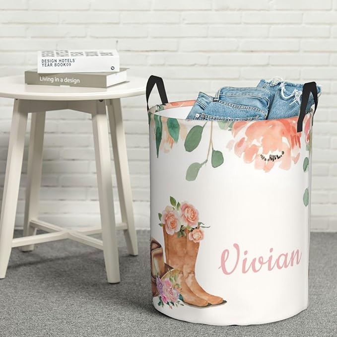 Personalized Laundry Basket for Nursery, Custom Nursery Laundry Hamper with Name, Customize Baby Clothes Circular Hamper for Boys Girls Room Decor, Cowgirl