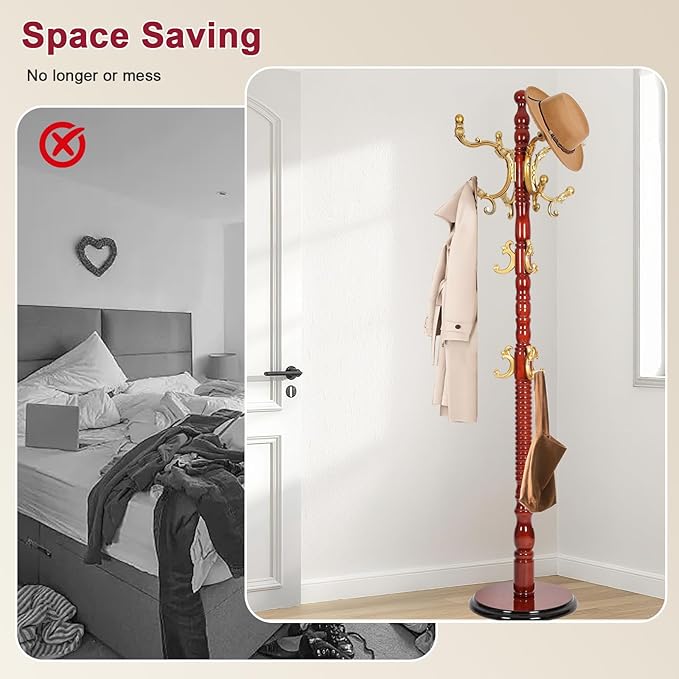 Wood Coat Rack Freestanding with 14 Hooks, 73 Inches Adjustable Height Coat Rack Stand, Vintage Hall Tree Coat Racks with Stable Round Base for Entryway, Bedroom (Begonia color)