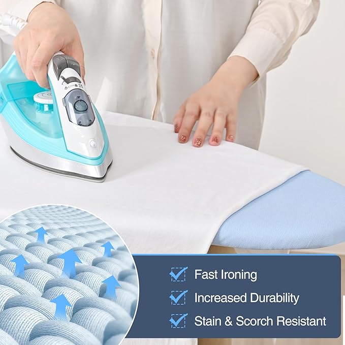 APEXCHASER Ironing Board Full Size with Iron Rest, Metal Panel Iron Board, Heat & Scorch Resistant Cover, Adjustable Height Heavy Duty Ironing Board with Germent Rack, for Home, Dorm, 15x45 Blue