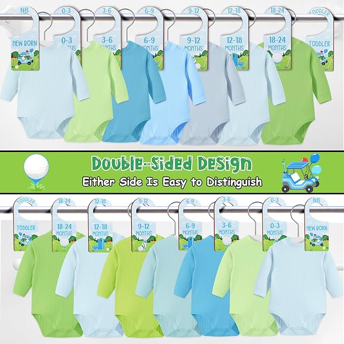 Baby Closet Dividers 8PCS, Golf Themed Wooden Double-Sided Clothes Size Hanger Organizer from Newborn to Toddler for Nursery Decor Baby Shower Birthday Gift Blue & Green