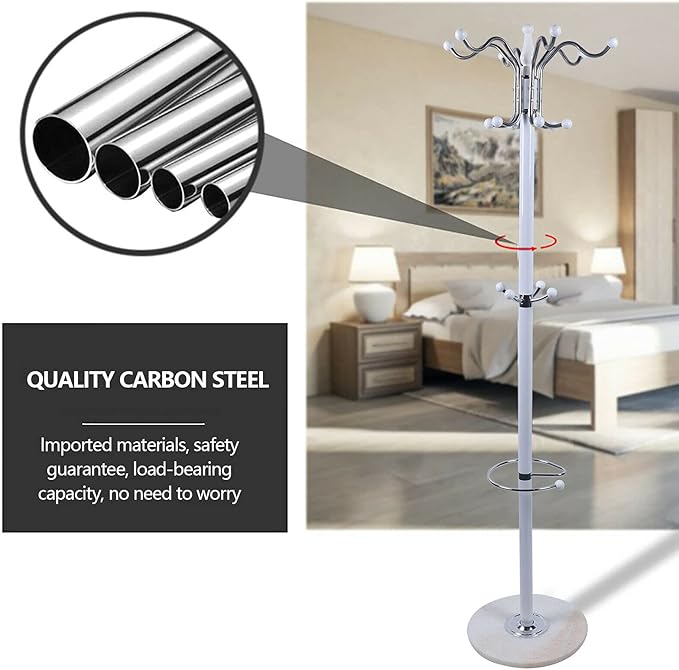 69" Entryway standing Coat Rack Stand Coat Hanger White Satin Steel Finish Stable Marble Base with 16 Hooks, High-Grade Metal Tree Hat Stand Floor Standing Wall Bedroom Hall Organizer Storage