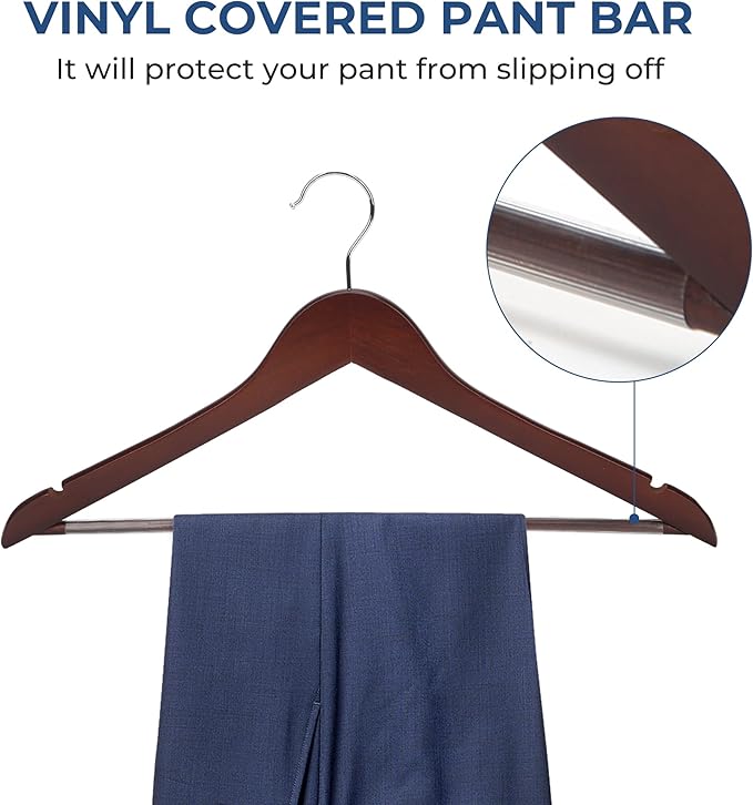 JS HANGER Wooden Coat Hangers, 20 Pack High Grade 17.5 Inch Wood Suit Hangers with Non Slip Pant Bar - Extra Smooth and Splinter Free Walnut Finish