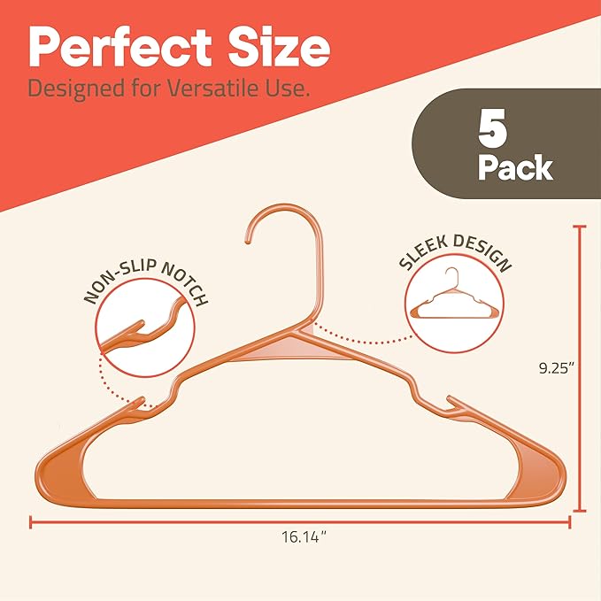 Plastic Clothes Hangers – Heavy Duty Hanger Set, for Organizing Clothes, Dresses, and Coat, Holds Up to 5 lbs, Space-Saving Hangers with Non-Slip Shoulder Grooves, Pack of 5, Brown