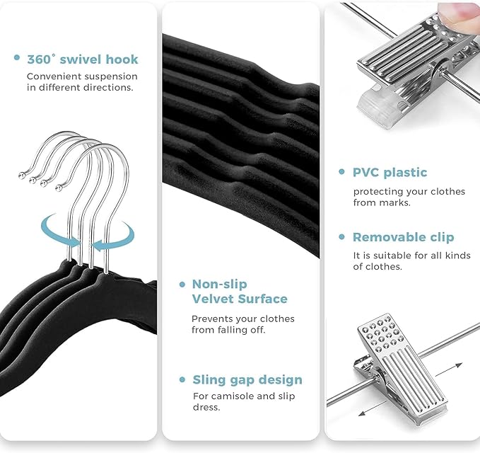 VECELO 20 Pack Velvet Clothes Hangers with Adjustable Clips,Heavy-Duty Non Slip & Space-Saving with 1 Magic Hangers & 2 Tie Rack for Suit Coat Pants Skirt Dresses