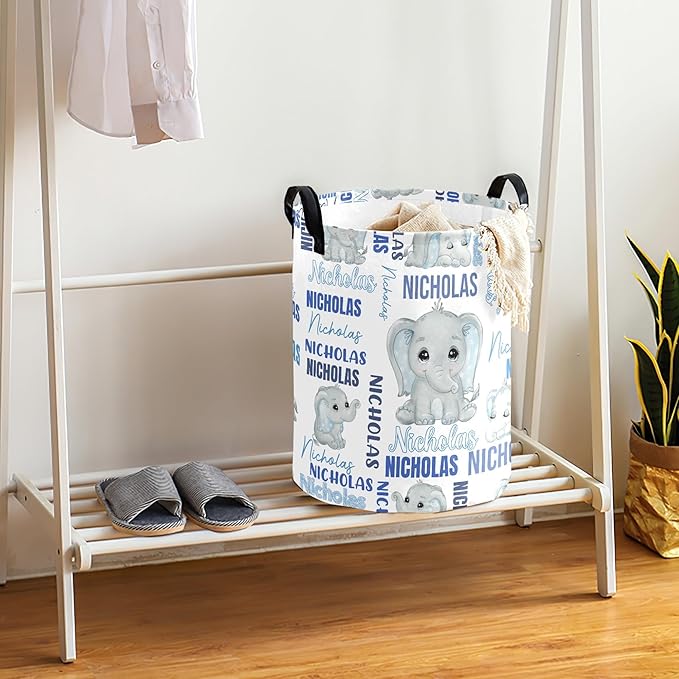 Large Custom Name Laundry Hamper, Elephant Personalized Dirty Clothes Hamper Storage Basket with Name for Bathroom Bedrooms, Customized Name Circular Hamper with Handles for Baby Boys Girls Men Women