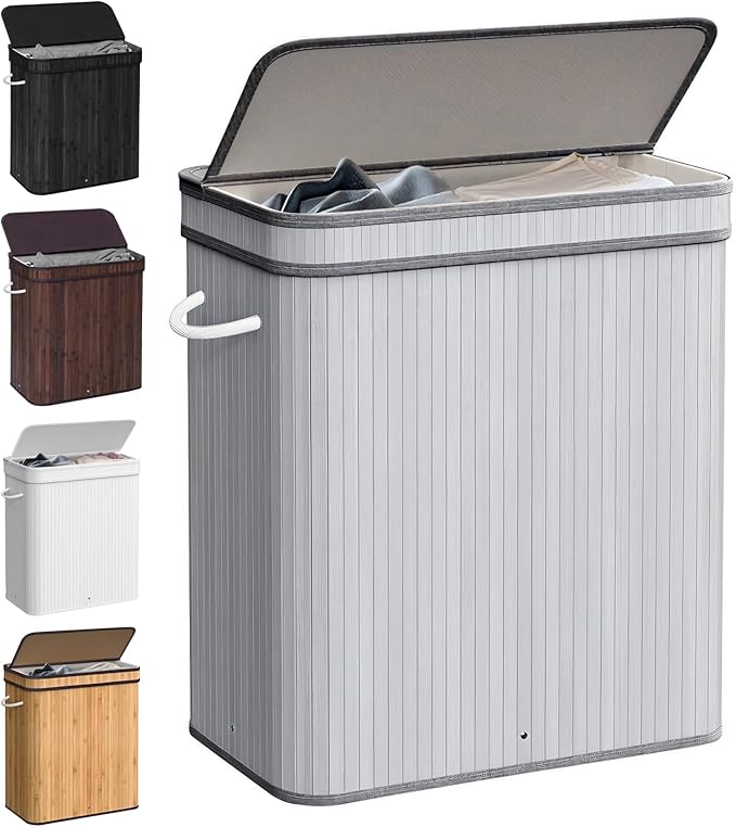 72L Laundry Hamper with Lid, Bamboo Laundry Basket with Removable Liner Bag, Foldable Clothes Hamper with Handles for Bedroom, Bathroom, Closet, Grey