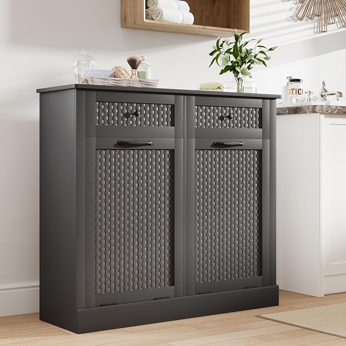 Double Tilt Out Laundry Hamper Cabinet, Rattan-Style Laundry Room Organization with Removable Laundry Basket, Hidden Wood Dirty Clothes Hamper with Drawers, 39" L x 13" W x 35.8" H, Gray