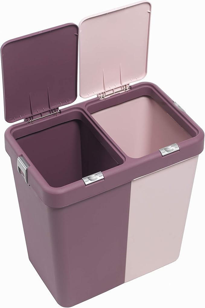Mabel Home Plastic Laundry Basket with Lid, 2 Sections, Large Laundry Basket (Extra Trash Bin (1.6 Gallons) inc. Purple Pink)