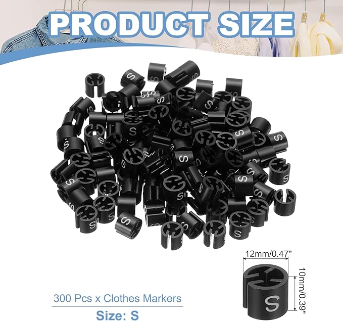 PATIKIL 300 Pcs Clothes Hanger Markers S Fit Rod Garment Size Tag Hanger Clips Round Color Coding Label for Clothing, Black