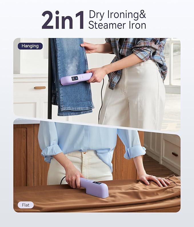 Travel Steamer for Clothes, 100-240V Dual Voltage Handheld Steamer & Iron 2-in-1, Digital Display, 20s Heat Up, Auto Shut-Off, Worldwide Use for Home & Business Travel, Light Purple