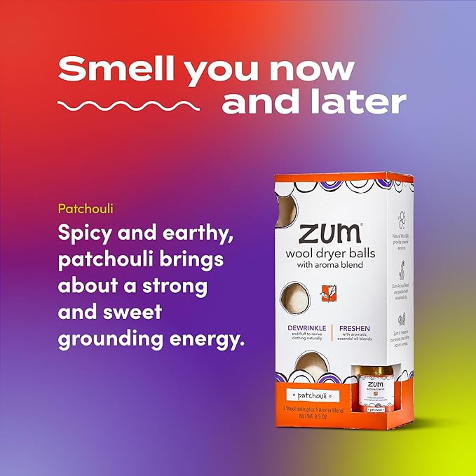 Indigo Wild Zum Laundry Dryer Balls Kit - Wool Laundry Balls for The Dryer - Essential Oil Spray - Reusable Drying Balls for Laundry - Patchouli - (3 Dryer Balls, 1 Aroma Blend)