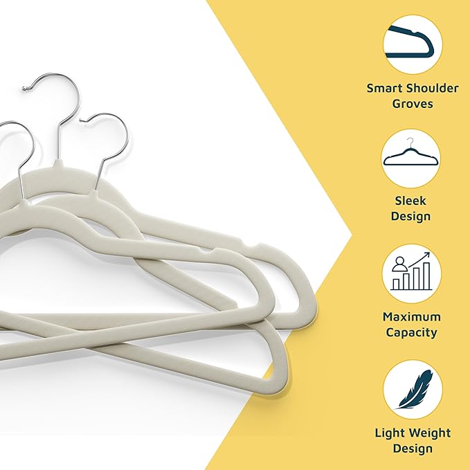 Lifemaster Velvet Non-Slip Hangers - 20 Pieces Non-slip Coat Hanger Set with 360° Swivel Hook, Space-Saving, Sleek Design, Keep Closet Organized, Smooth Velvet Finish, Lightweight Construction - Ivory