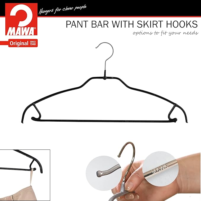 Mawa by Reston Lloyd Silhouette Ultra-Thin Series, Non-Slip Space Saving Shirt Hanger with Pant Bar & Skirt Hooks, Style 42/FTU, Pack of 130, Black