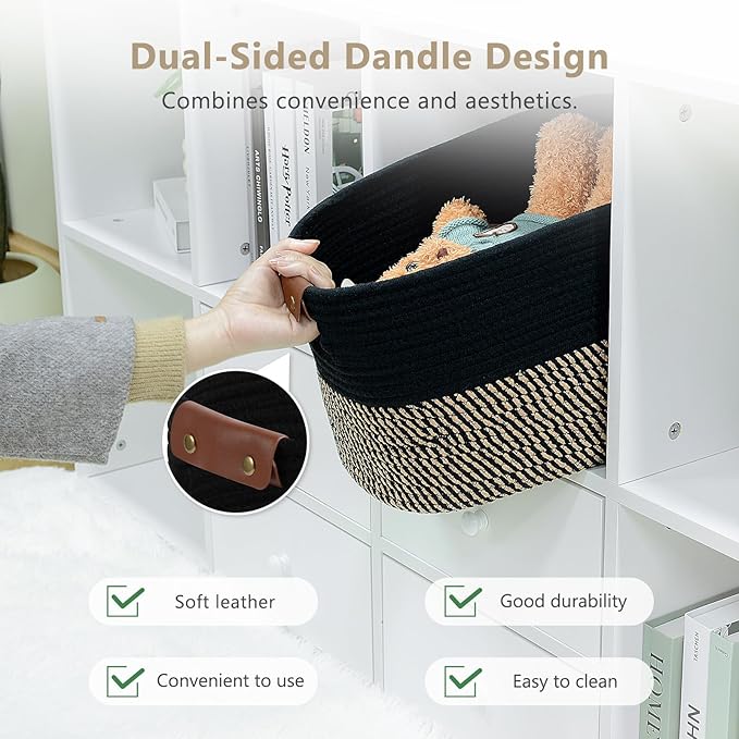 Cotton Rope Basket, Storage Baskets with Handle, 15x10x9 Inch Woven Basket for Shelves, Laundry, Towels, Clothes, Books, (Black Brown 3 Pack)