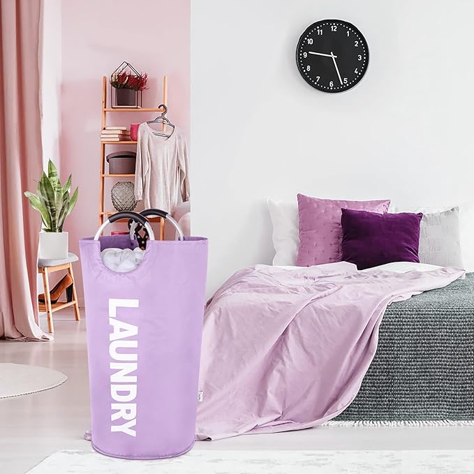 Laundry Basket Large Collapsible Clothes Hamper Bag with Handles – Foldable Freestanding Laundry Sorter for Dirty Clothes in College Dorm, Apartment, or Laundry Room – 95L (Purple)