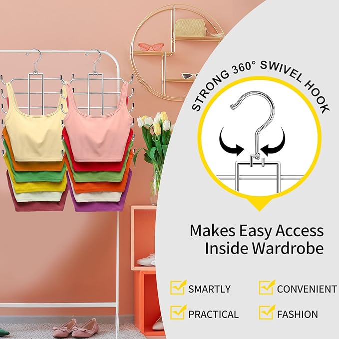 Metal Tank Top Hanger 2 Pack, Space Saving Bra Organizer with 24 Easy Access Hooks, 360° Swivel Closet Organizers and Storage, Apartment College Dorm Room Essentials, Small Space Organization Solution