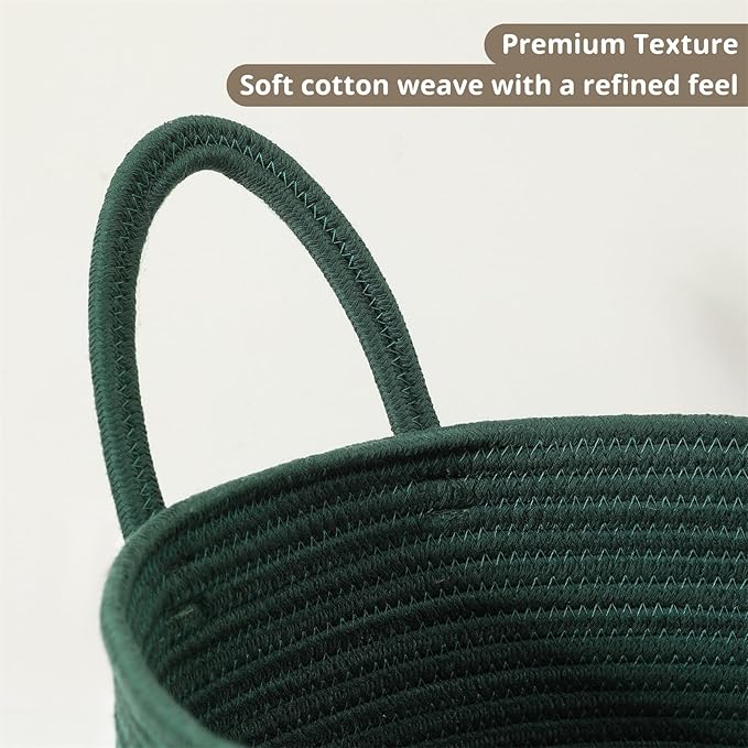 40L Woven Laundry Basket Hamper, 100% Natural Cotton Rope, Handwoven & Durable, Storage for Blankets, Toys, Clothes, Decorative Nursery Hamper for Living Room, Baby Room, Bedroom (Dark Green)