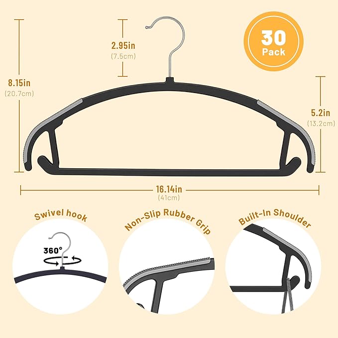 Arc Design No Shoulder Bump Plastic Hangers 30 Pack,Ultra Thin Non-Slip Hangers for Clothes,Heavy Duty Coats Hangers,360°Swivel Silver Hook,Space Saving Closet Organizer-(Black)
