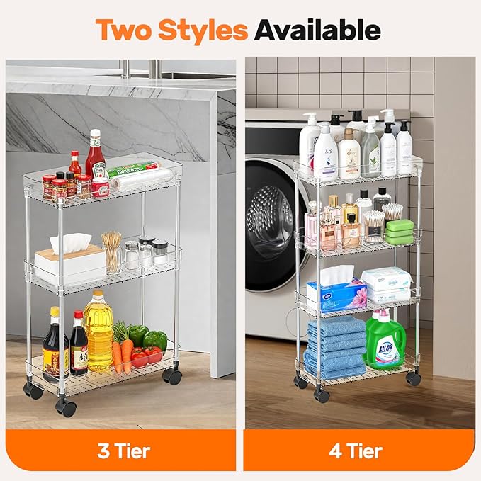 4 Tier Slim Storage Cart with Wheels Slim Rolling Utility Cart Mobile Shelving Units Organizer for Narrow Space in Home Kitchen Bathroom Laundry Room Transparent (Width 6.3 Inches)