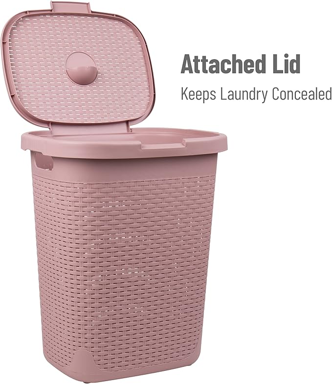 Mind Reader 50L Slim Laundry Hamper, Clothes Basket, Lid, Wicker Design, Plastic, 17.65"L x 13.75"W x 21"H, Set of 2, Pink