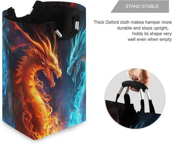 xigua Fire and Ice Dragon Large Laundry Hamper with Handle, Foldable Clothes Hamper Collapsible Storage Basket for Toys and Clothes Organization in Bedroom, Bathroom, and Laundry Room