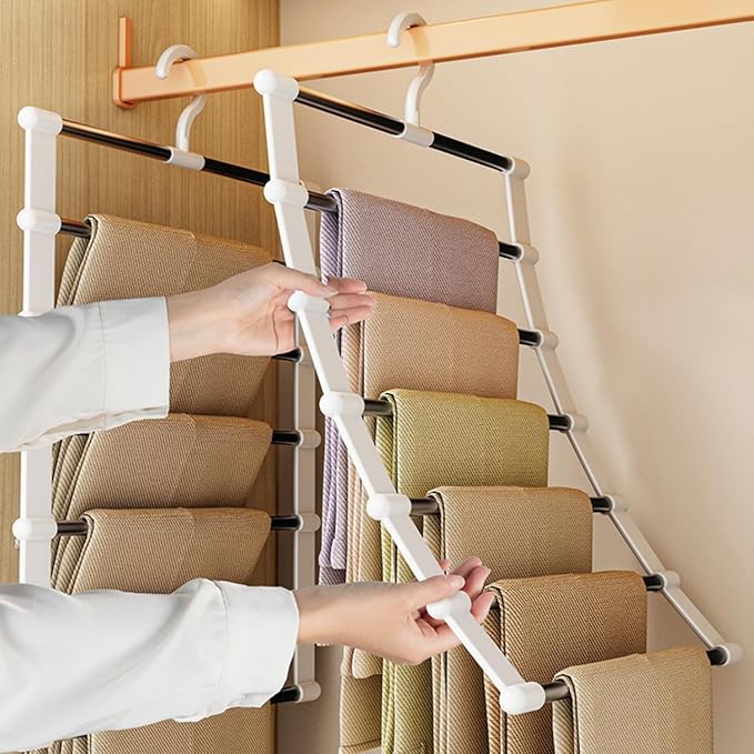 2 Pack Pants Hangers Space Saving,Closet Organizers and Storage,Foldable Trousers Scarf Hangers Collapsible 7 Layer Jeans Hanger for Travel Camping Dorm Room