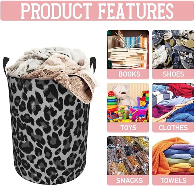 Grey Leopard Round Laundry Hamper Cheetah Gray Storage Basket Toys Clothes Organizer Bin For Home Bathroom Bedroom Dorm Nursery, 38l