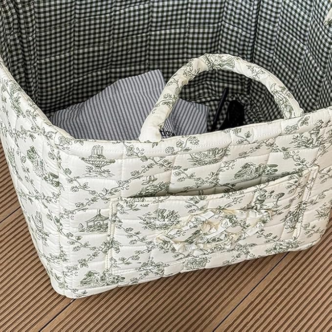 Floral Fabric Storage Basket Car Interior Storage Basket Underwear Sundries Laundry Baskets Supplies Home Organizer Bag (Green)