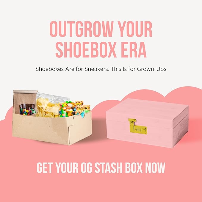 HASHSTASH The OG Storage Box - Large Bamboo Box with Combination Lock, Magnetic Lid, Organizer Tray, Tube, Brush and 3 Jars - Discreet Decorative Stash Storage Lock Box with Accessories (Pink/Gold)