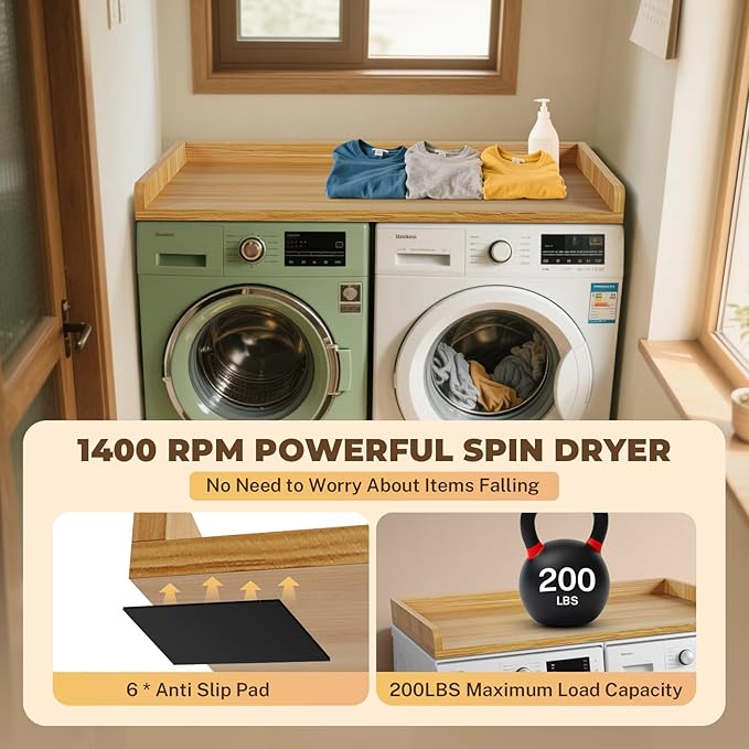 FAHKNS Washer Dryer Countertop - Wood Laundry Washer Dryer Topper with Anti-Slip Mat, 54" Width Waterproof Laundry Room Organization, Light & Save Space, Oak