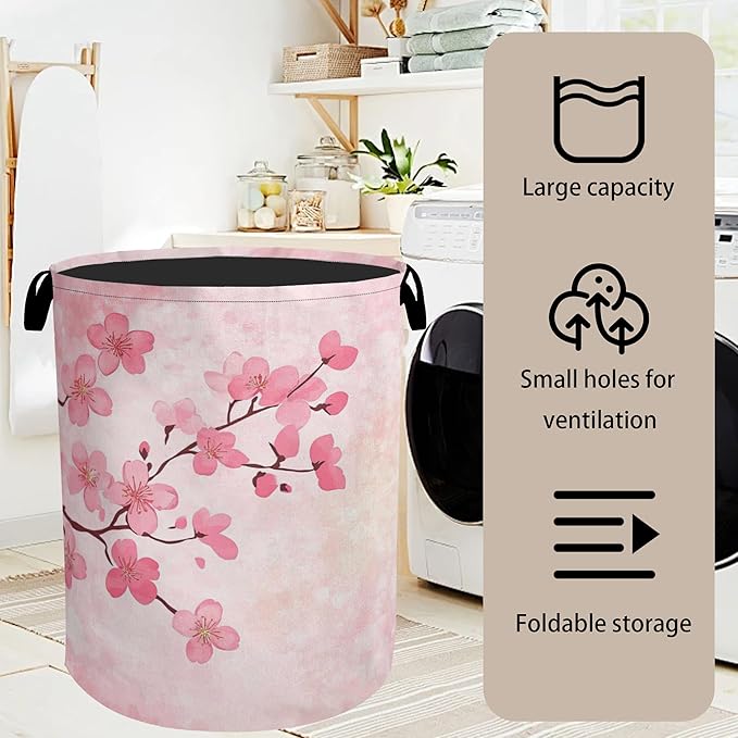 Pink Cherry Blossoms Laundry Basket - Extra Large Foldable Laundry Hamper for Bathroom/Laundry/Bedroom/Dorm, Washable Fabric Storage Bin with Handles