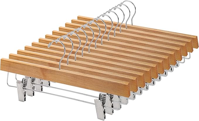 Tosnail 12 Pack Wooden Pants Skirt Hangers with Adjustable Clips, Solid Wood Jeans Hangers with Chromed Swivel Hook, Trouser Hanger for Men and Women's Clothing Closet Organizer