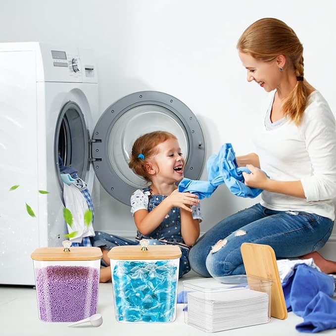 Laundry Storage Containers Set - 2 Pods Container, Dryer Sheet Holder With Lids, Plastic Detergent Dispenser Bottle, Scoops for Powder, Dryer Balls, Bead, Organizing