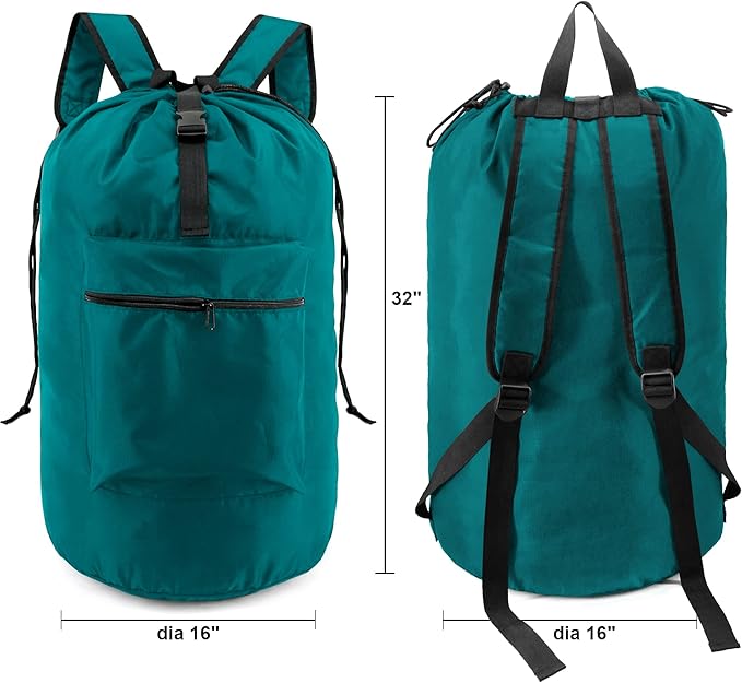 BeeGreen Laundry-Bag-Portable-Backpack, Mars Green Nylon Drawstring -Laundry Backpack Heavy Duty Tall Foldable Extra Large Dirty Clothes Travel Bag with Handle College Dorm Apartment Essentials