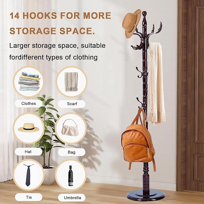 Solid Wood Coat Rack, Free Standing Hall Coat Tree with 14 Hooks, 3 Height Options, 300lbs Load, Stury Base, Clothes Rack for Entryway, Hallway, Bedroom (Disc Base - Wooden Phoenix Hook)