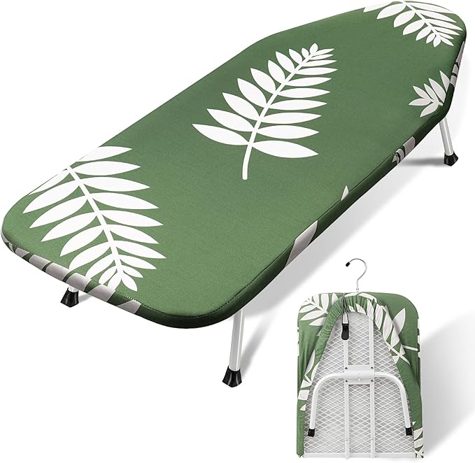 SheeChung Tabletop Ironing Board 12"x32",Small Ironing Boards with Heat Resistant Cover Pad,Portable Tabletop Ironing Board with Non-Slip Feet,Mini Folding Iron Board for Household Laundry,Green Leaf