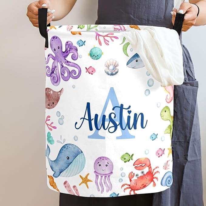 Large Custom Name Laundry Hamper, Ocean Sea Personalized Dirty Clothes Hamper Storage Basket with Name for Bathroom Bedrooms, Customized Name Circular Hamper with Handles for Baby Boys Girls Men Women
