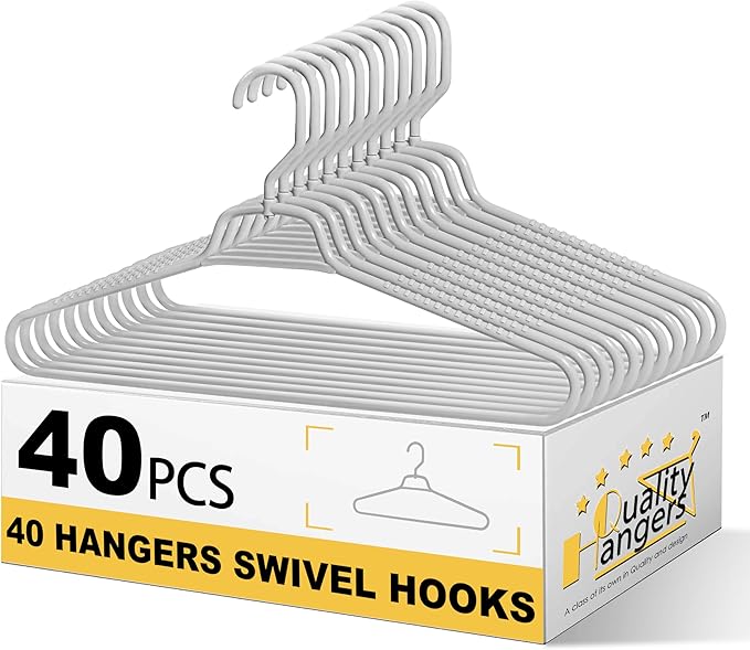 Quality Hangers Heavy Duty Gray Plastic Hangers 40-Pack with Swivel Hook | 7mm Thick Non Slip Coat Hangers with Accessory Bar | Ideal Clothes Hangers Plastic for Everyday Use | 17 Inches (40, Gray)
