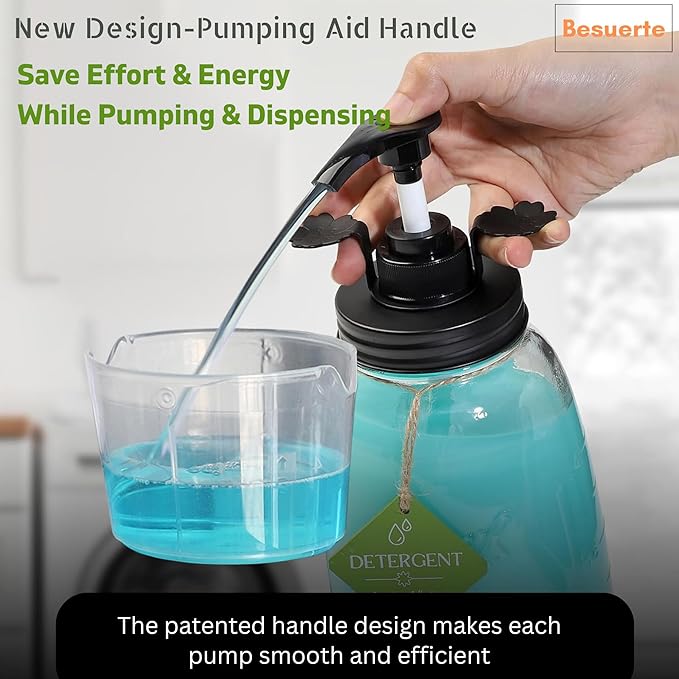Glass Laundry Detergent Container - Besuerte Large Capacity Liquid Laundry Detergent Dispenser with Refillable & Reusable 2x50oz Mason Jars and Save Effort Pump Aid Handle, Black Cap