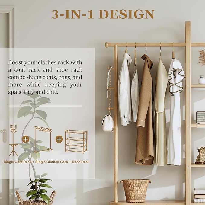 Solid Wood Clothing Rack with 4 Shelves Storage and 5 Wooden Hooks Clothes Rack,Multi-functional Coat Rack for Clothes, Shoes, Bags, Coat rack for Bedroom Entryway Living Room Hotel,Burlywood