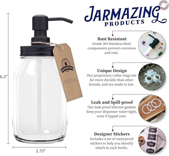 Jarmazing Products Quart-Size Mason Jar Soap Dispenser - Black - with 32 Ounce Clear Mason Jar